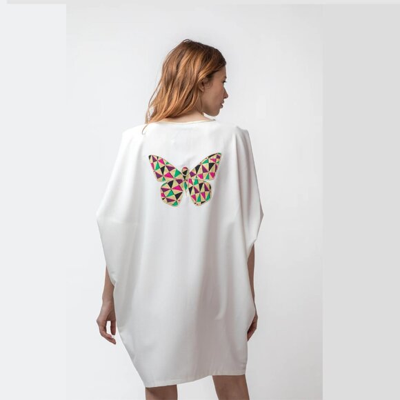 NWOT Maison Monarque Lagos White Butterfly Mini Dress Tunic, OS, S/M - Picture 1 of 8